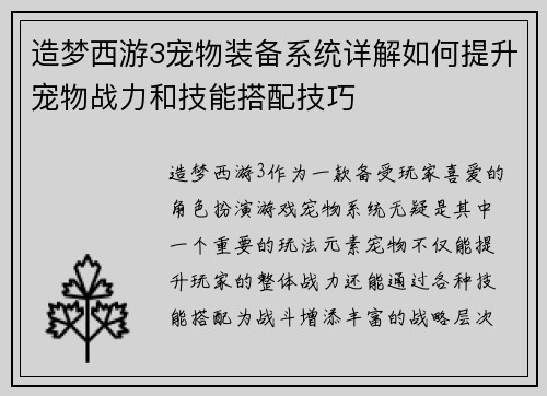 造梦西游3宠物装备系统详解如何提升宠物战力和技能搭配技巧